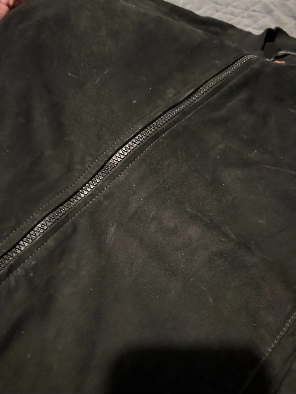John Varvatos Black Suede Bomber Jacket with Orange Lining